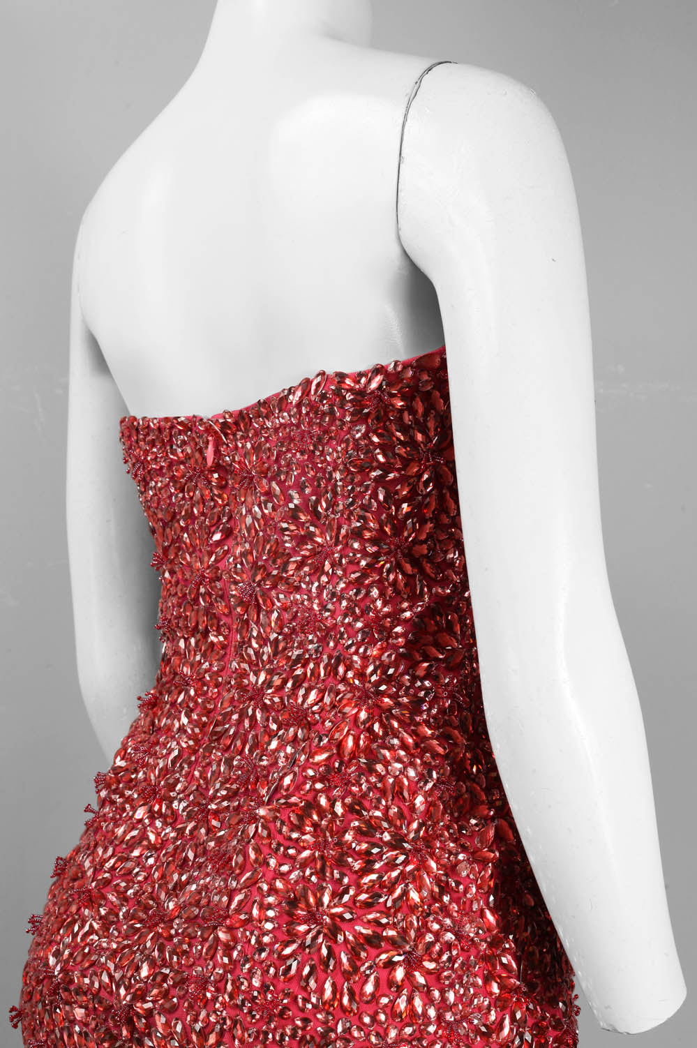 Theia Strapless All Over Rhinestone Detail Zip Back Silk Mesh Dress