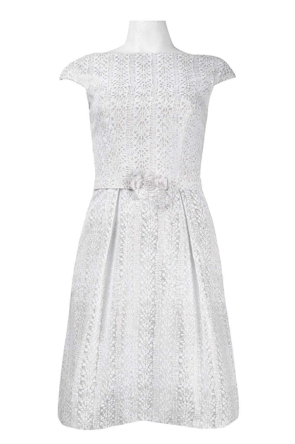 Theia Cap Sleeve Scoop Back Pleated A-Line Metallic Jacquard Dress with Belt