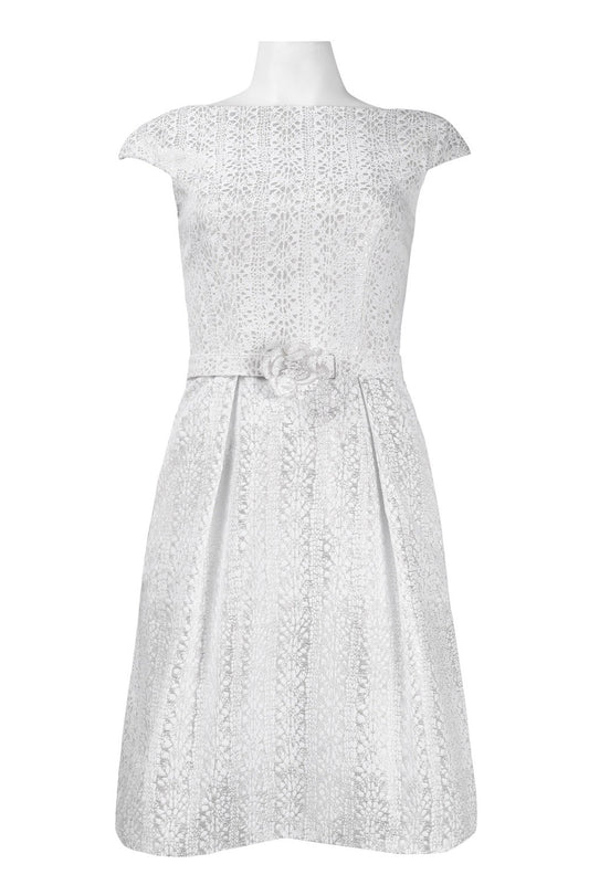 Theia Cap Sleeve Scoop Back Pleated A-Line Metallic Jacquard Dress with Belt