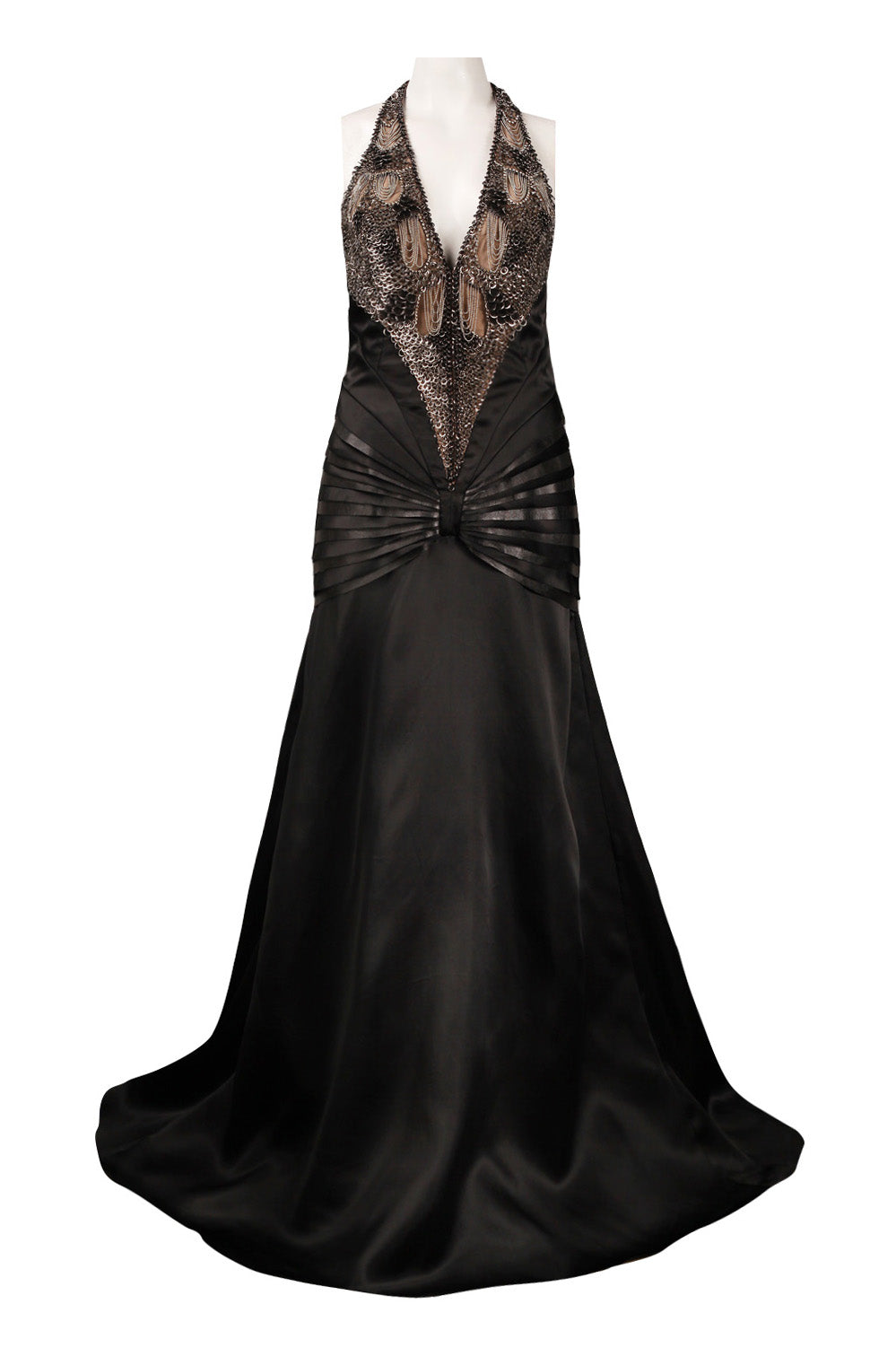 Theia Halter Strap V-Cut Back Shutter Pleat Detail Silk Chiffon Ball Dress