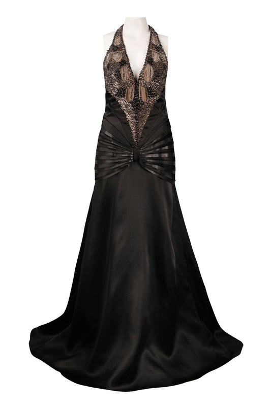Theia Halter Strap V-Cut Back Shutter Pleat Detail Silk Chiffon Ball Dress