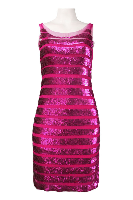Theia Sleeveless Sequin Strip Mesh Overlay Short Dress