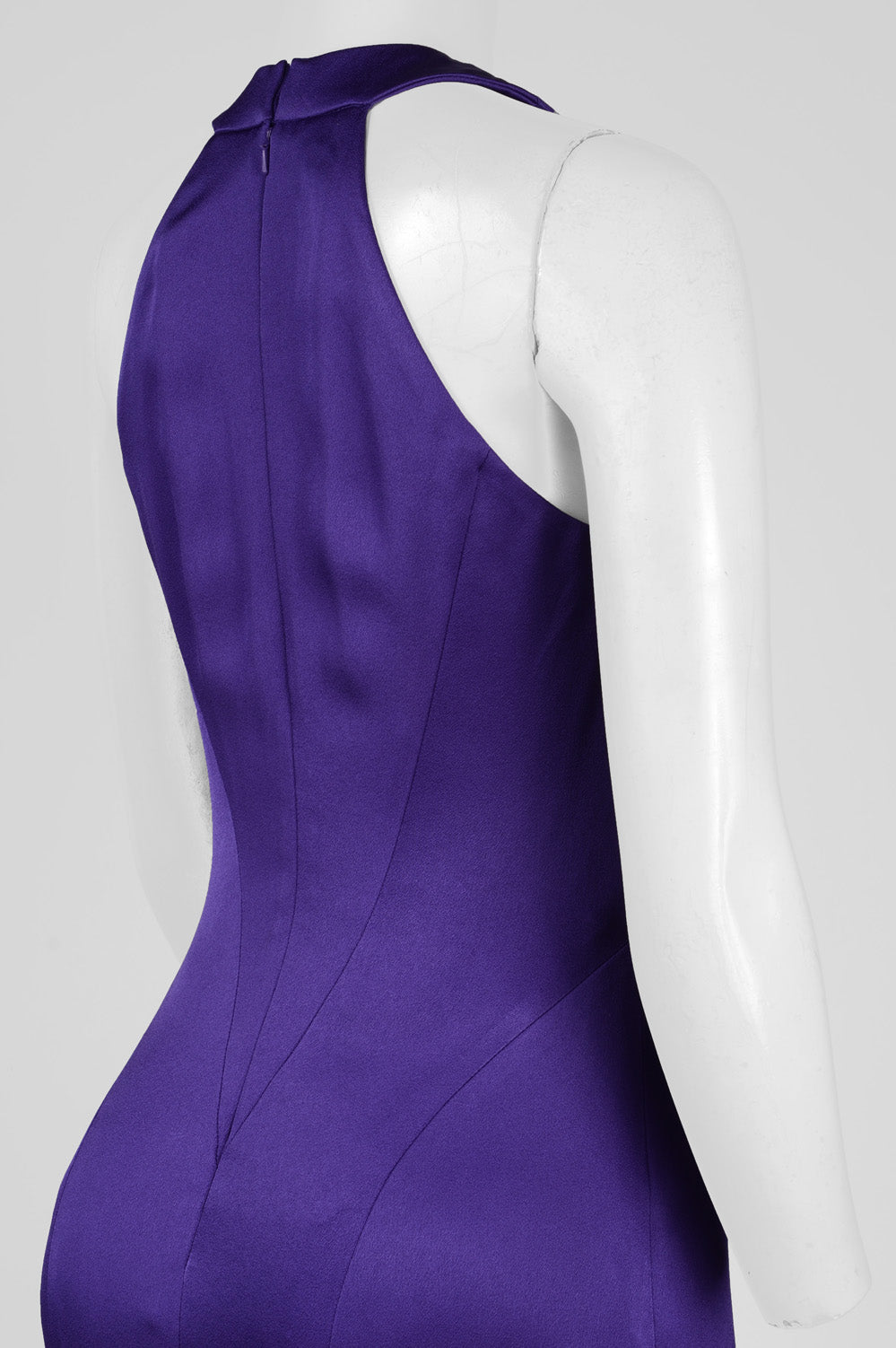Theia Halter Neck Zipper Back Bodycon Flutter Hem Solid Satin Crepe