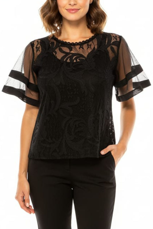 Vivid Short Tiered Bell Sheer Sleeve Lace Top