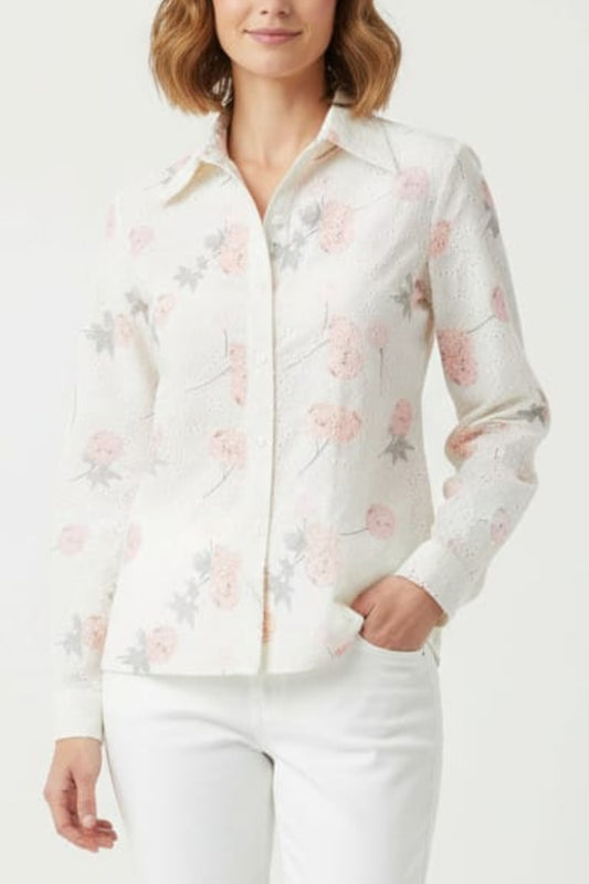 Vivid Long Sleeve Circle Applique Button-Down Top