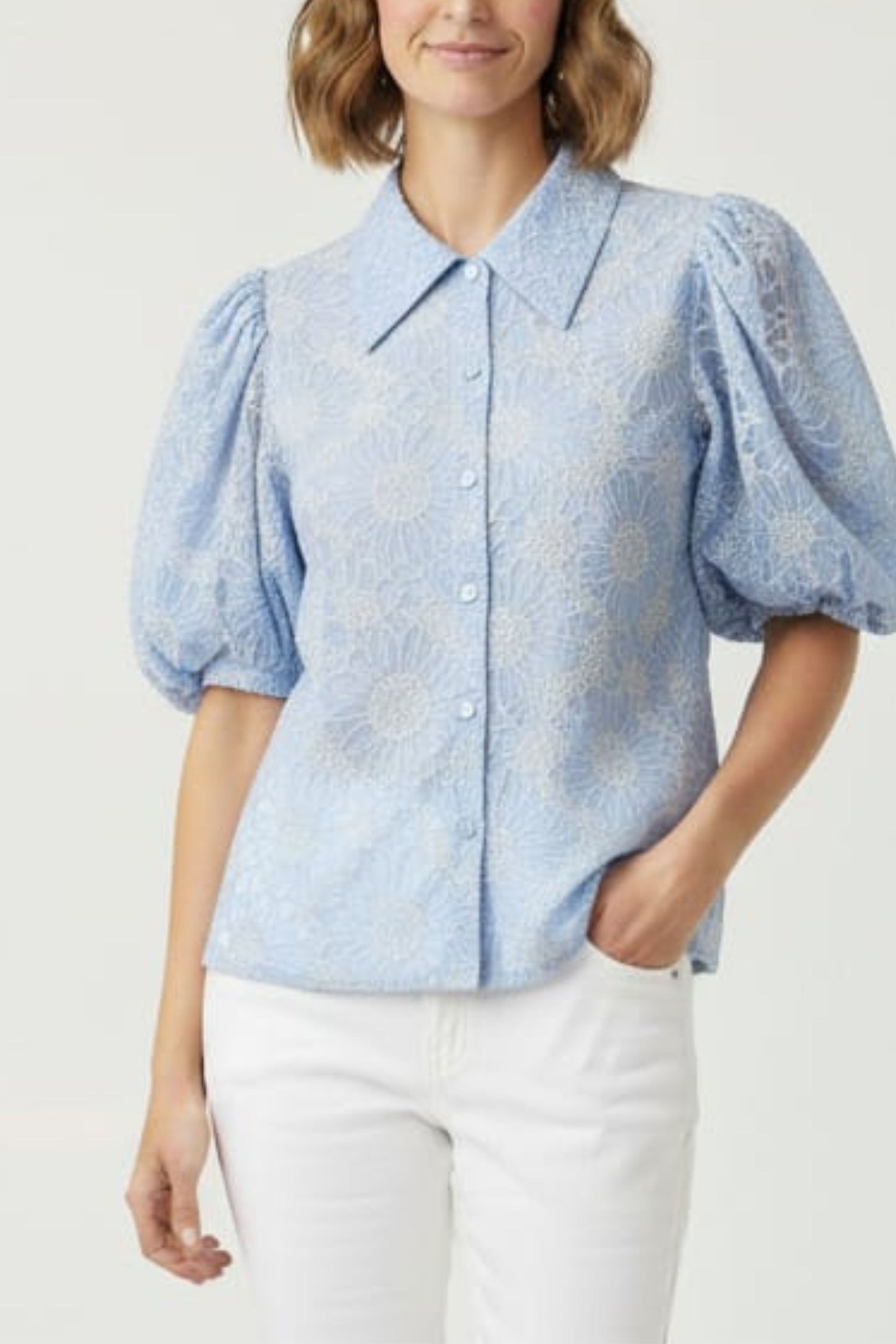 Vivid Short Puff Sleeve Button Down Top