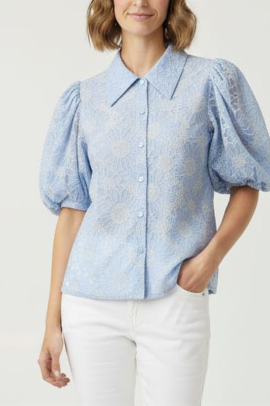 Vivid Short Puff Sleeve Button Down Top