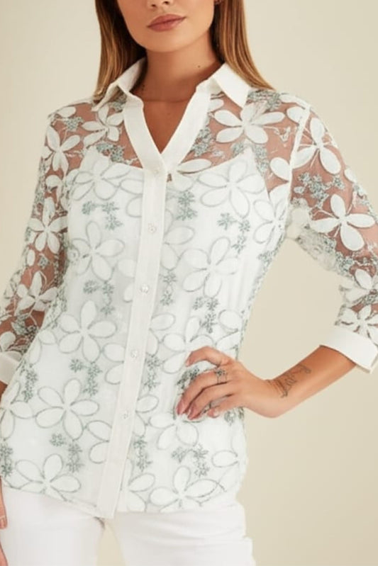 Vivid Floral Applique Sheer Button Down Shirt