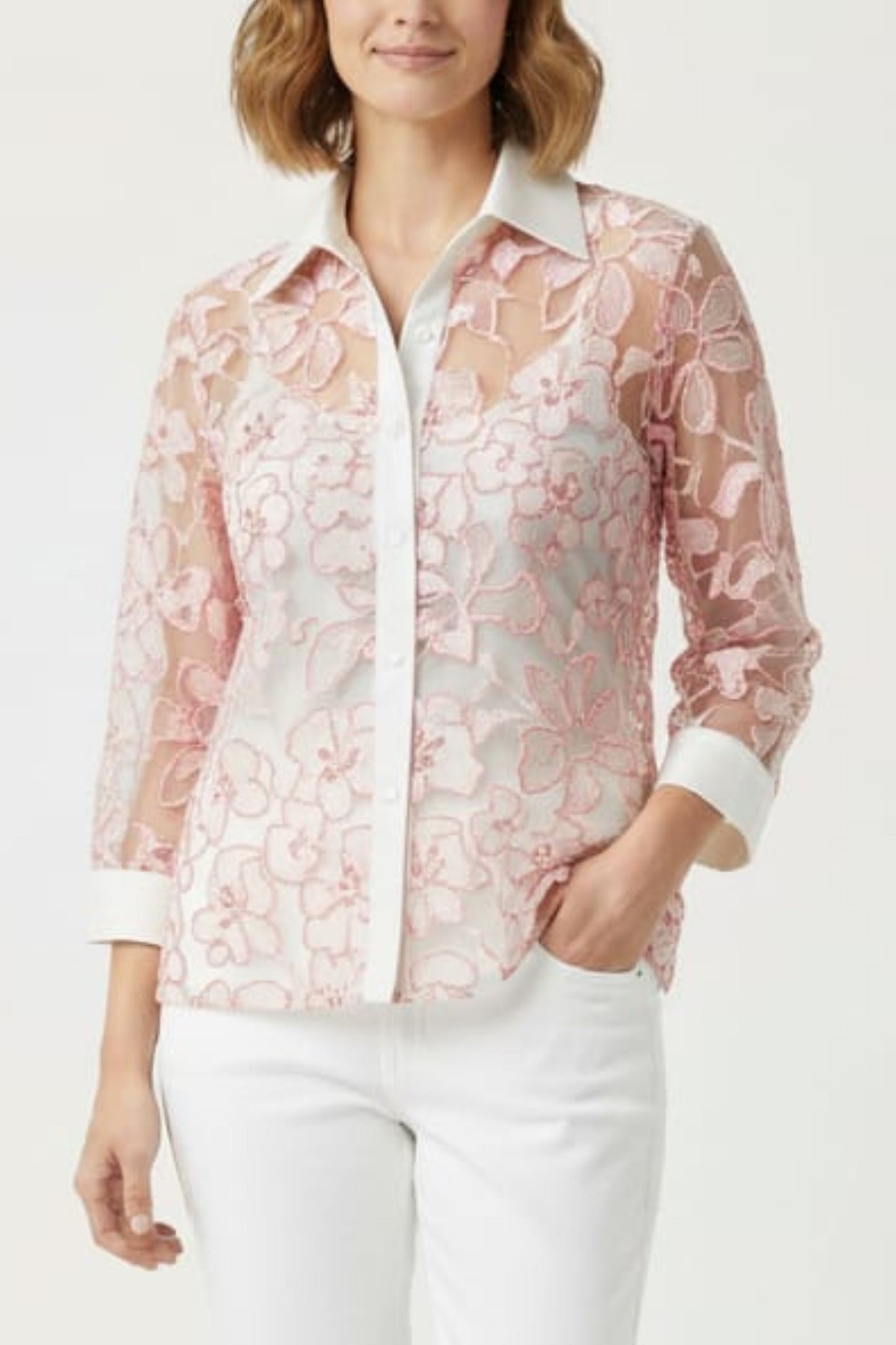 Vivid Floral Applique Sheer Button Down Shirt