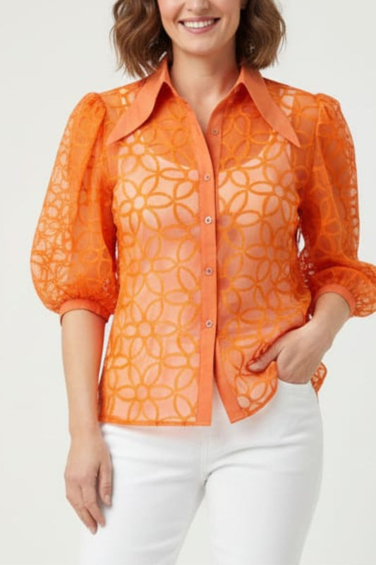 Vivid Embroidered Button Down 3/4 Puff Sleeve Top