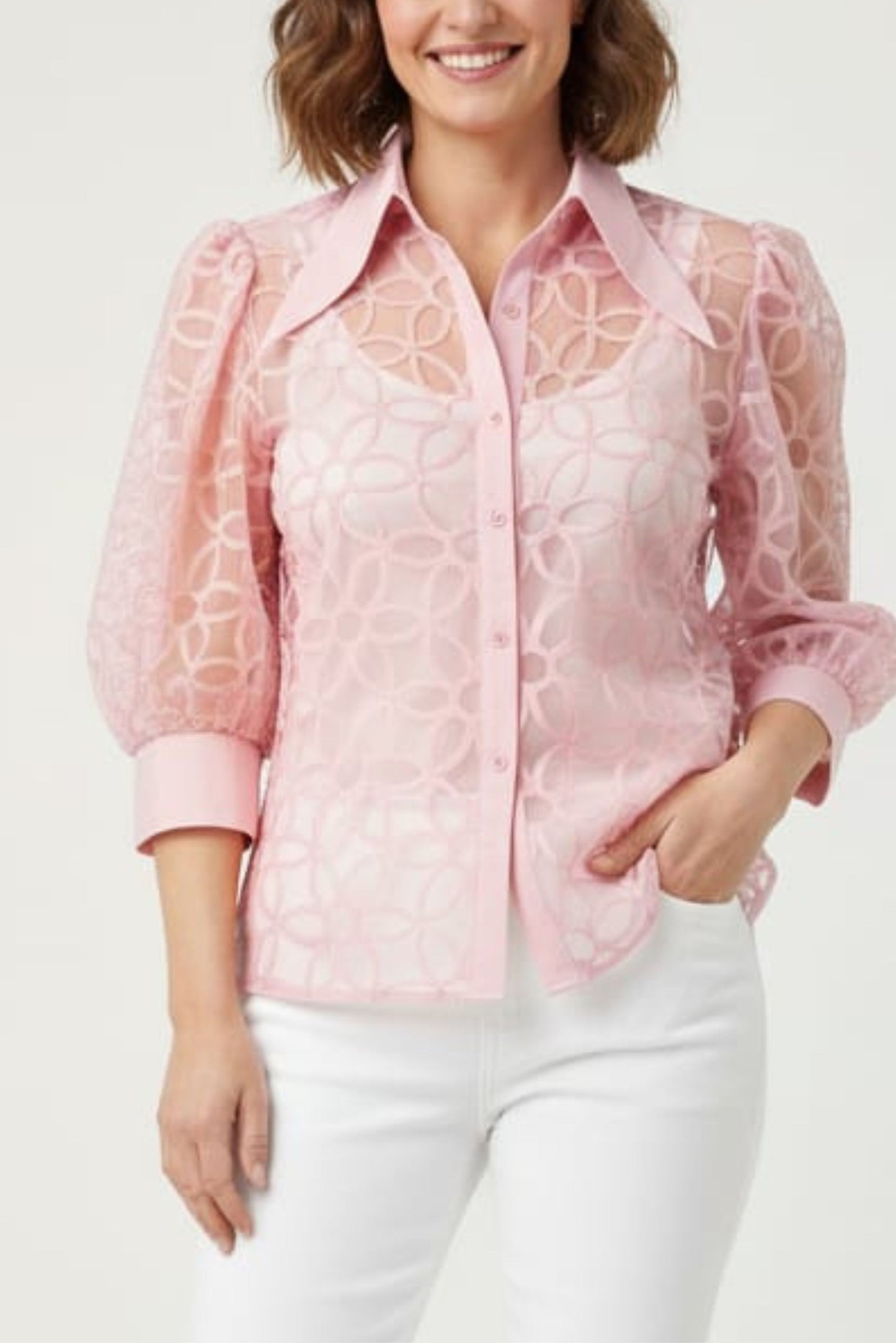 Vivid Embroidered Button Down 3/4 Puff Sleeve Top
