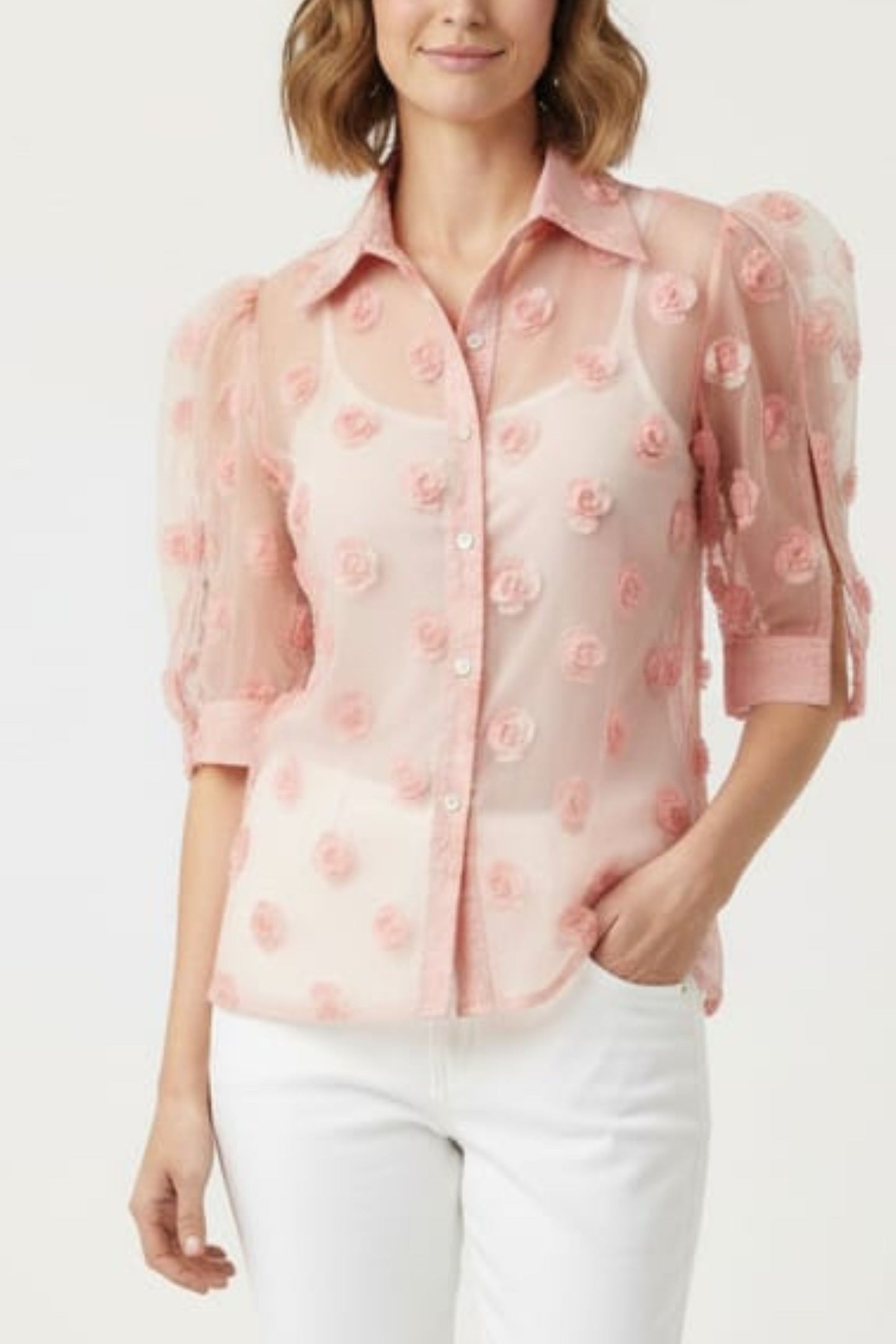 Vivid Puff Sleeve Ribbon Applique Button Down Top