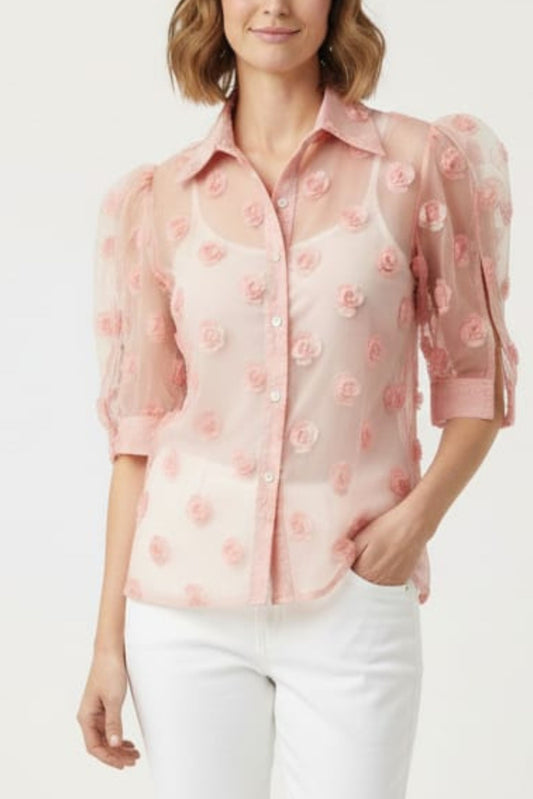 Vivid Puff Sleeve Ribbon Applique Button Down Top
