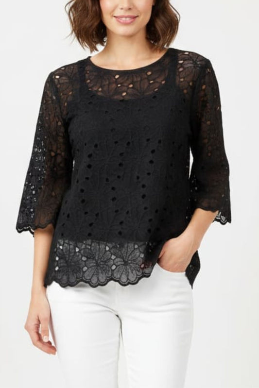 Vivid Floral Pointelle 3/4 Sleeve Top