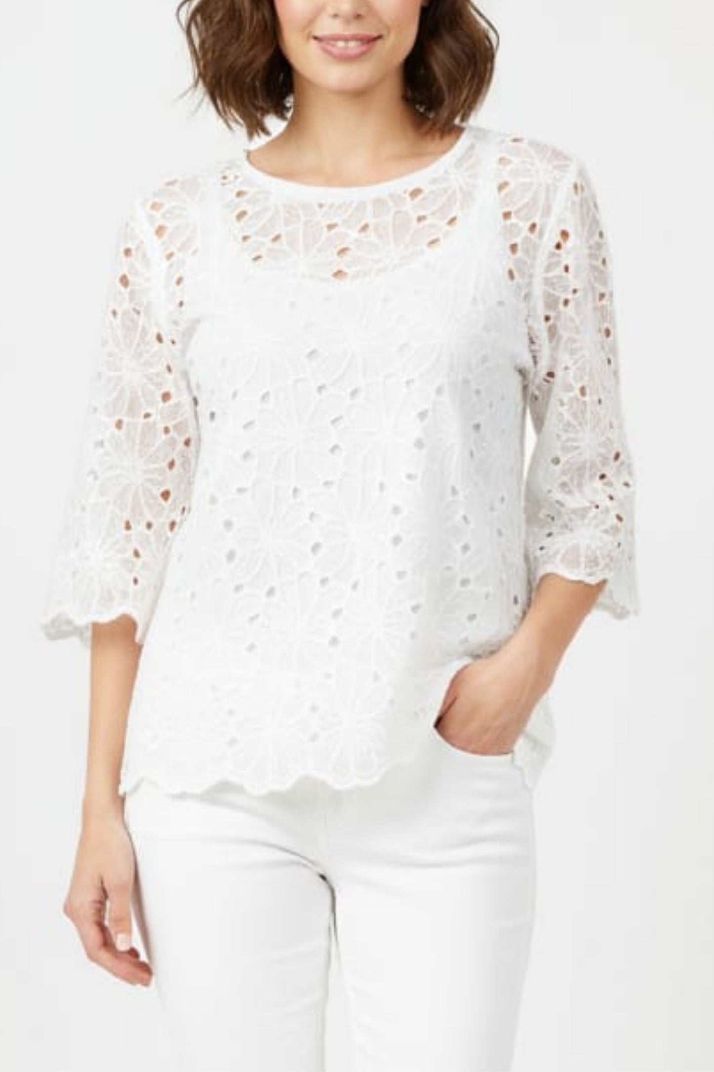 Vivid Floral Pointelle 3/4 Sleeve Top