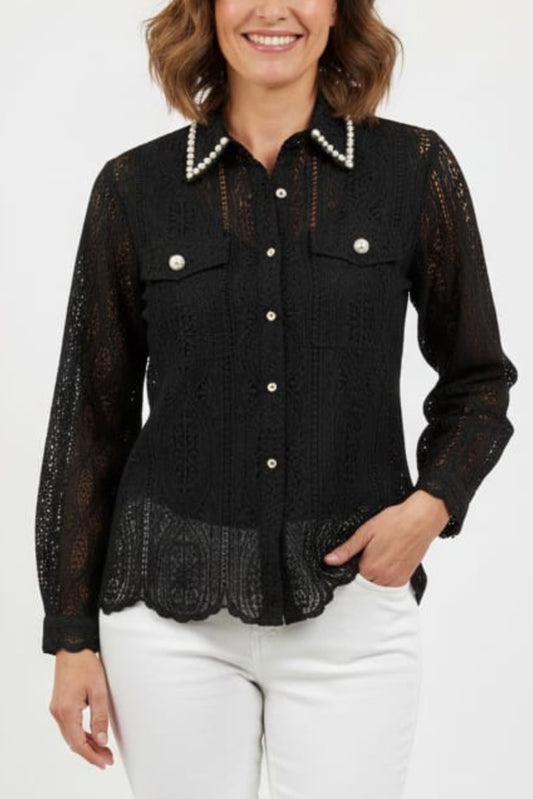 Vivid Lace Embroidery Button Down Top