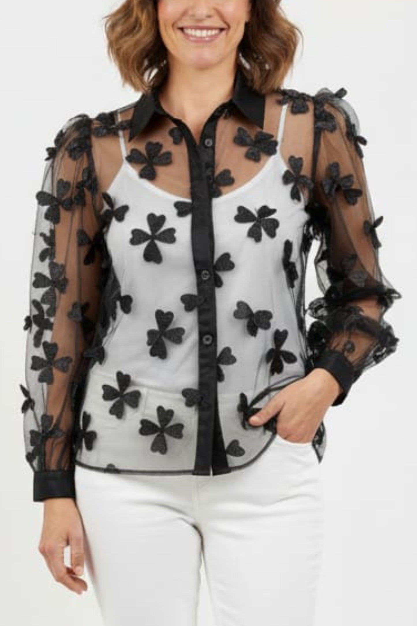 Vivid Sheer Floral Applique Button Down Top