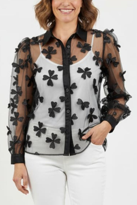 Vivid Sheer Floral Applique Button Down Top