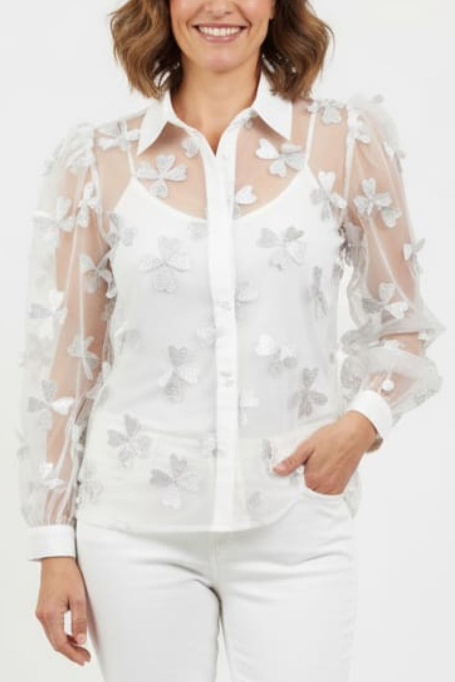 Vivid Sheer Floral Applique Button Down Top