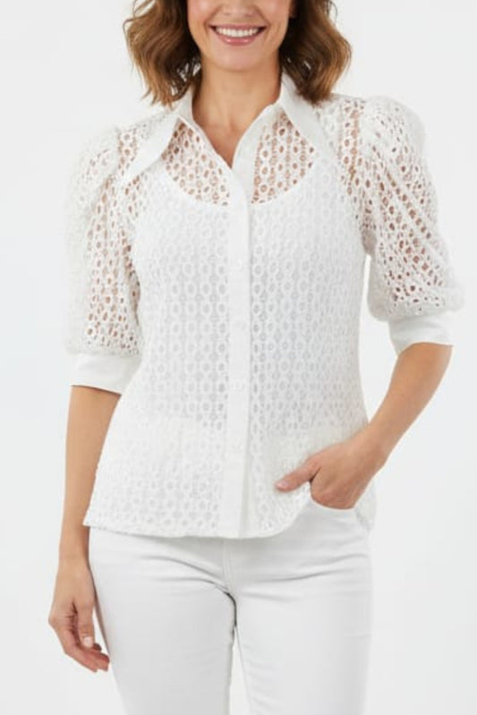 Vivid Lace Embroidery Short Sleeve Button Down Top
