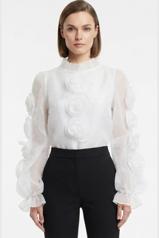 Vivid Organza Rosette High-Neck Statement Top