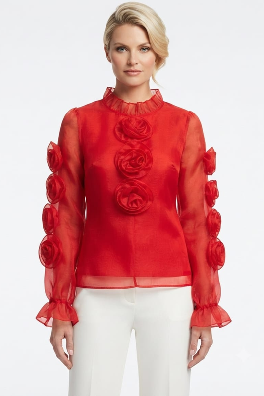 Vivid Organza Rosette High-Neck Statement Top