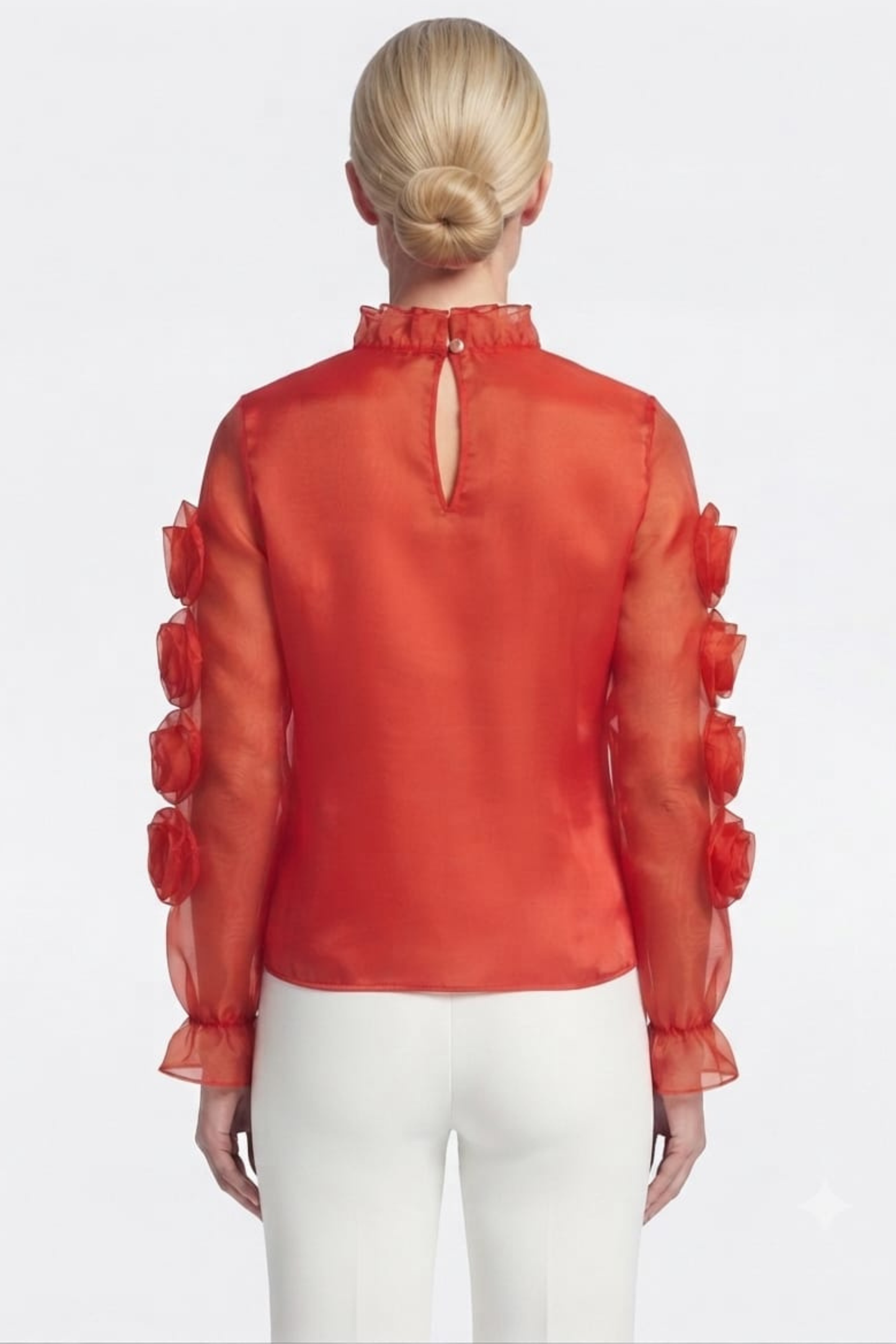 Vivid Organza Rosette High-Neck Statement Top