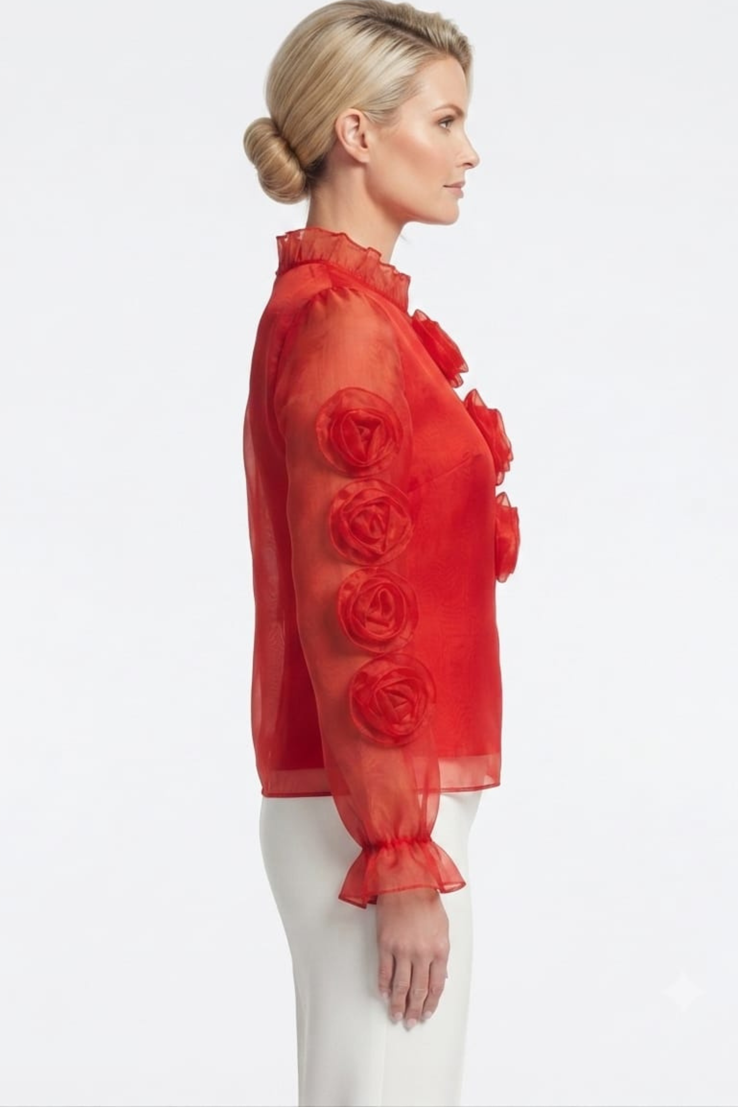 Vivid Organza Rosette High-Neck Statement Top