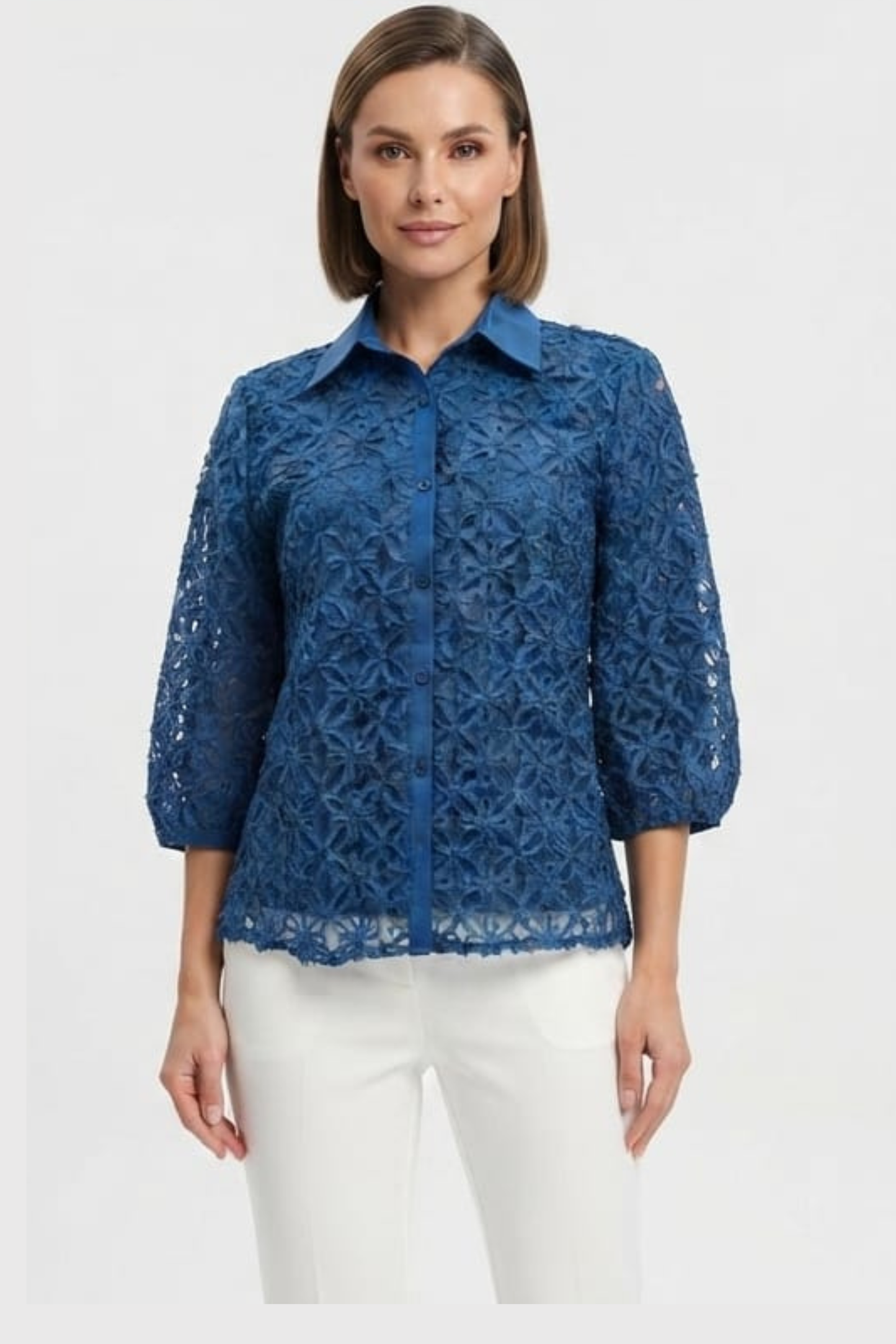 Vivid Cutout Floral Lace Button-Down Top