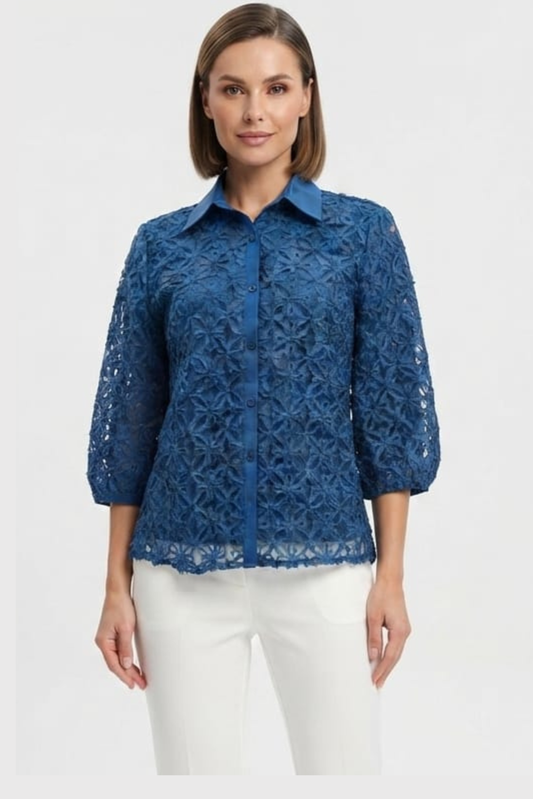 Vivid Cutout Floral Lace Button-Down Top