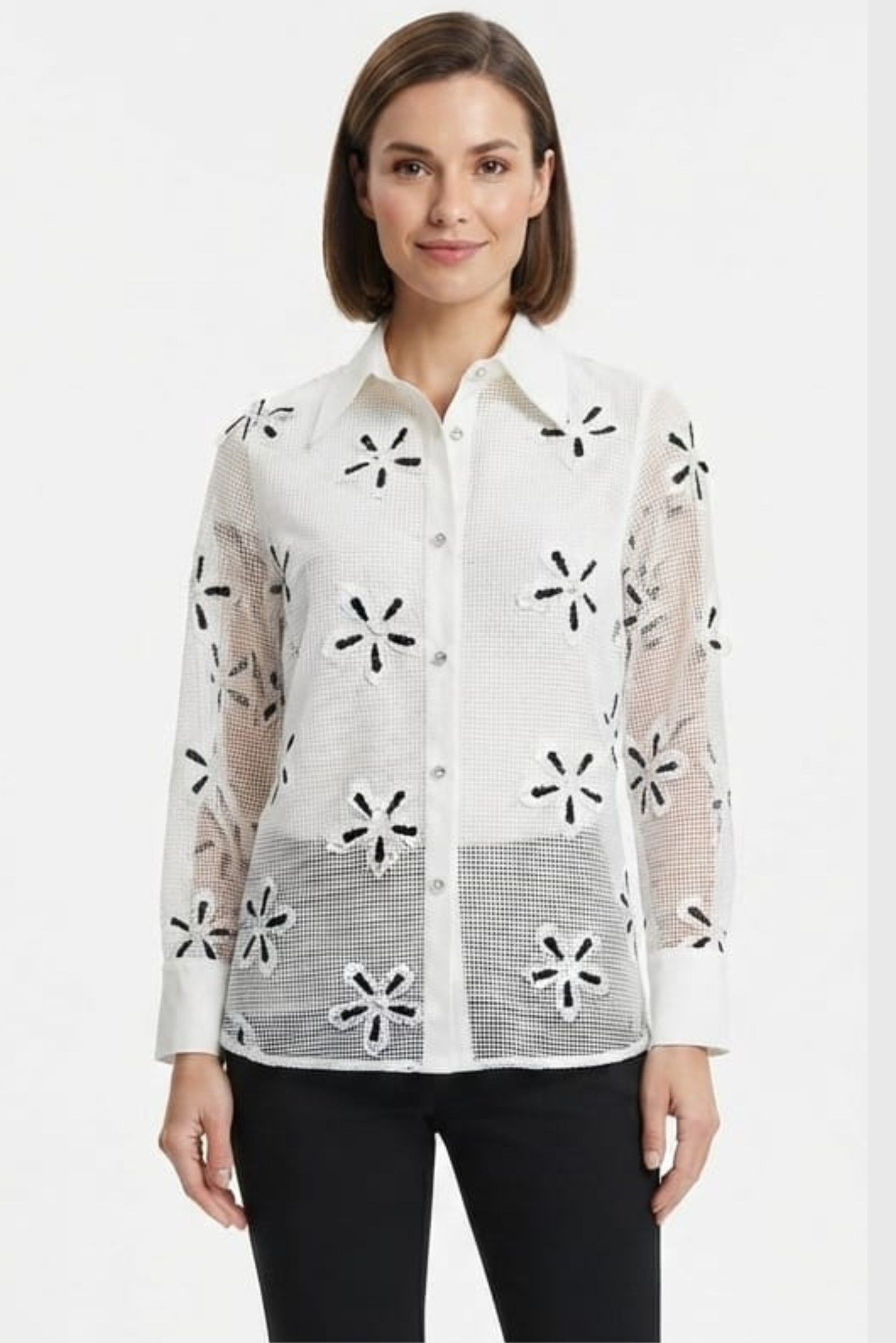 Vivid Ivory Mesh Floral Embroidered Button-Down Top