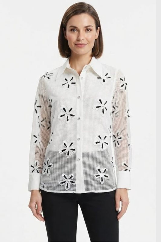 Vivid Ivory Mesh Floral Embroidered Button-Down Top