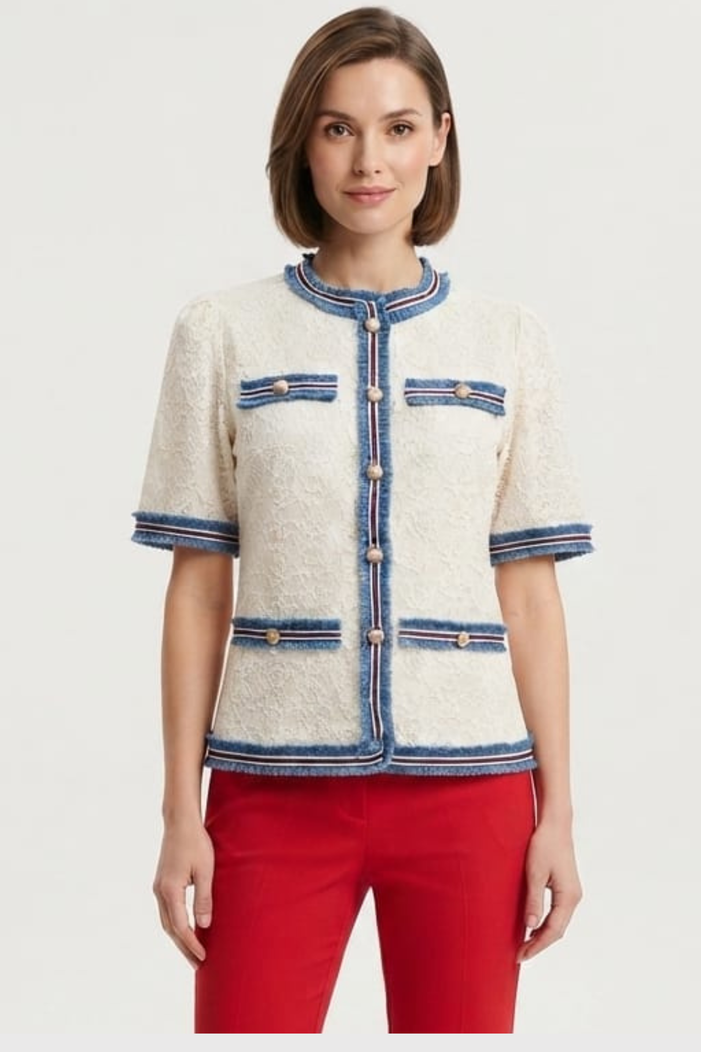 Vivid Natural Textured Lace Short-Sleeve Tweed-Style Top