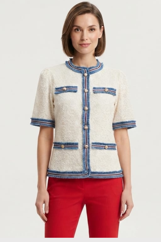 Vivid Natural Textured Lace Short-Sleeve Tweed-Style Top