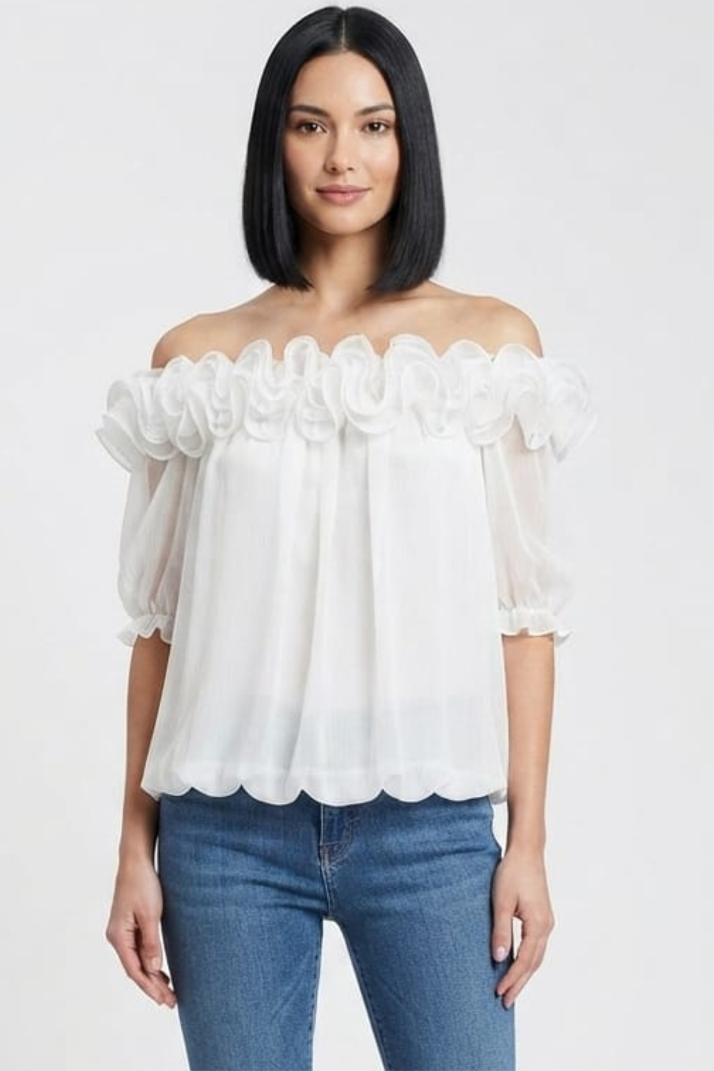 Vivid White Off-the-Shoulder Ruffle Organza Top