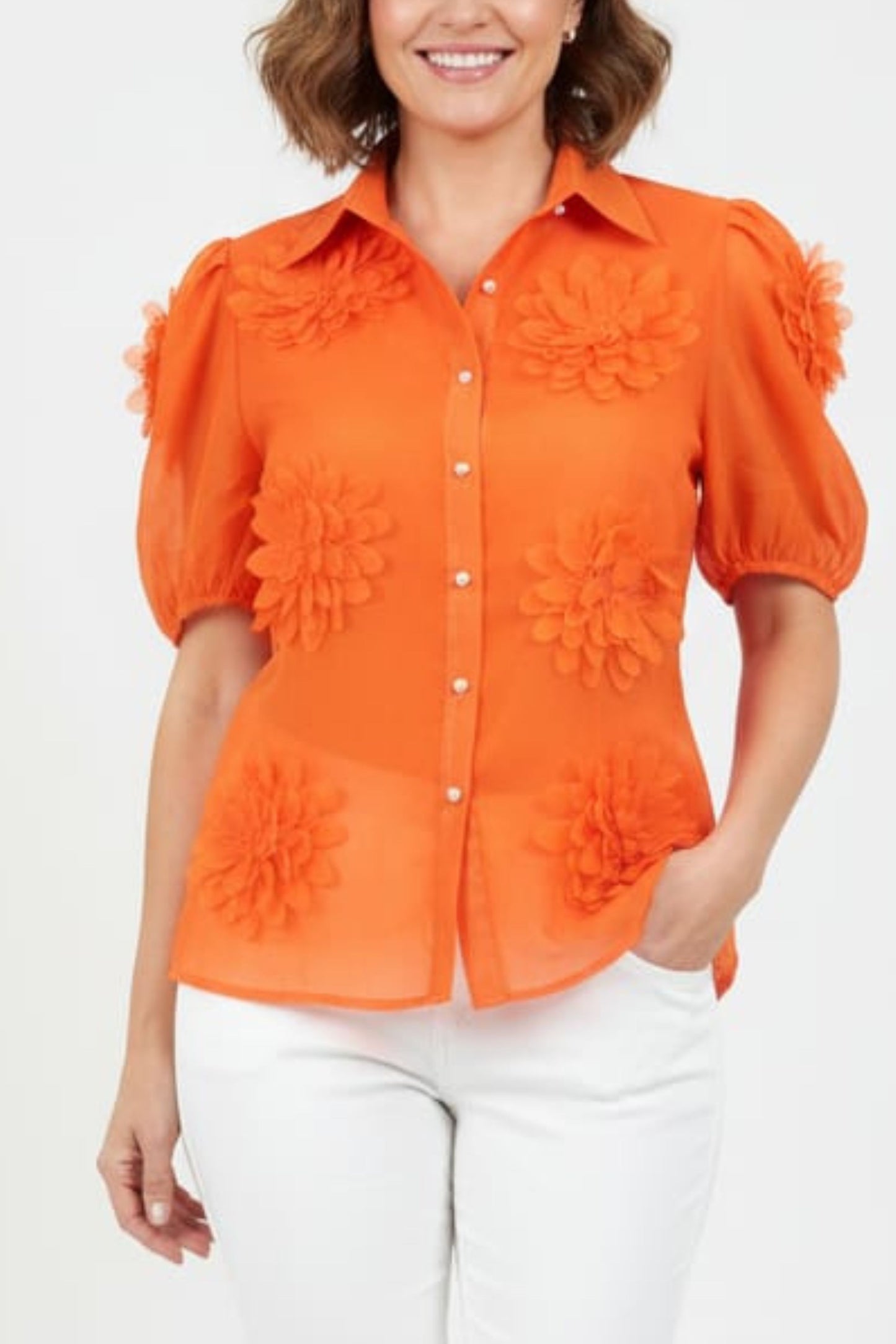 Vivid Short Sleeve Floral Applique Button Down Top