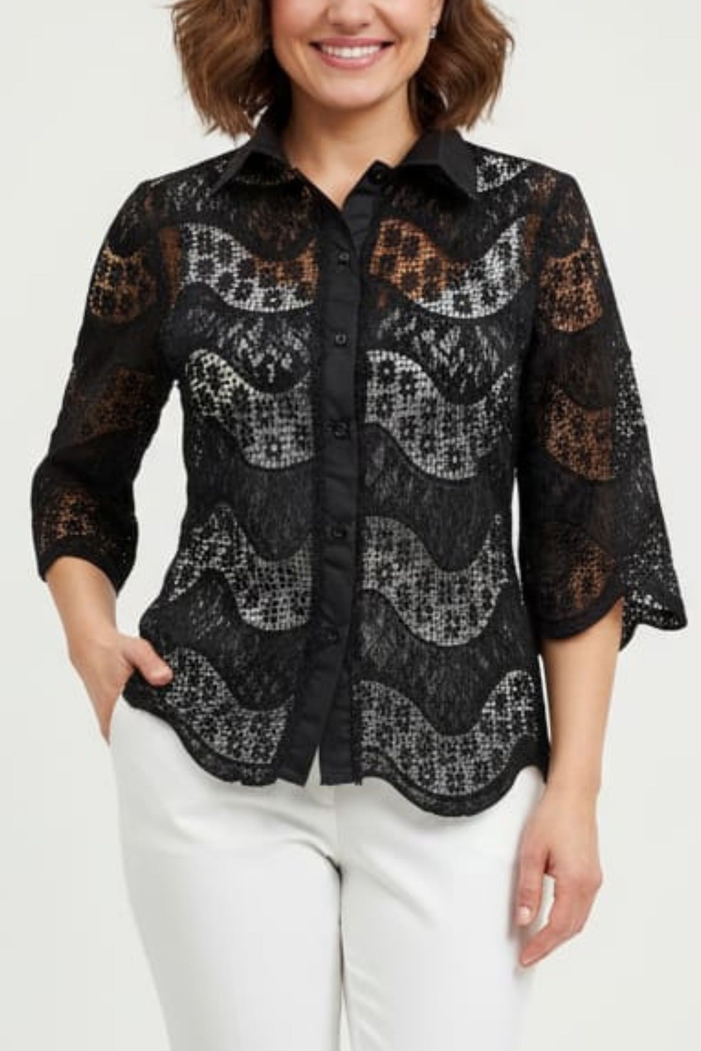 Vivid Lace Embroidery 3/4 Sleeve Button Down Top