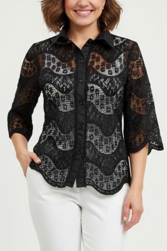 Vivid Lace Embroidery 3/4 Sleeve Button Down Top