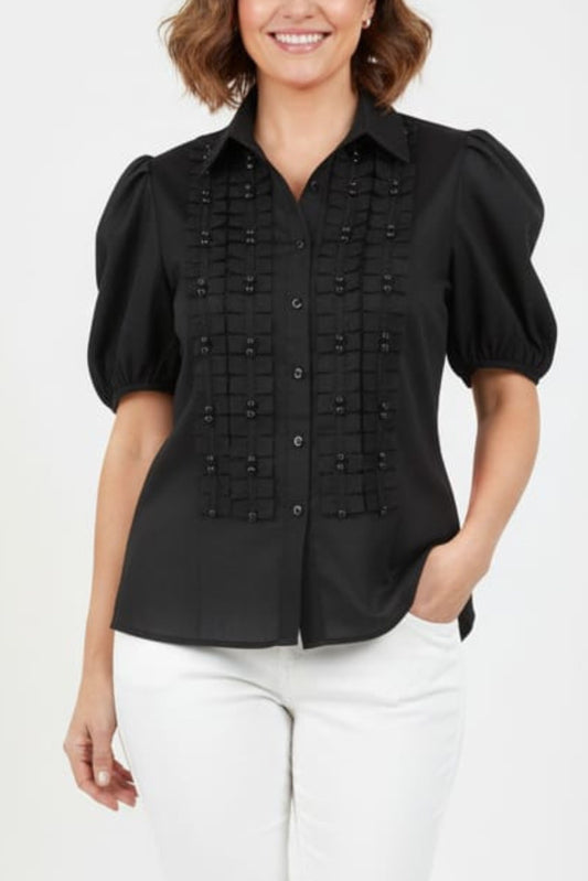 Vivid Short Puff Sleeve Button Down Top