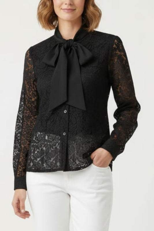 Vivid Lace Embroidery Neck Tie Button Down Top