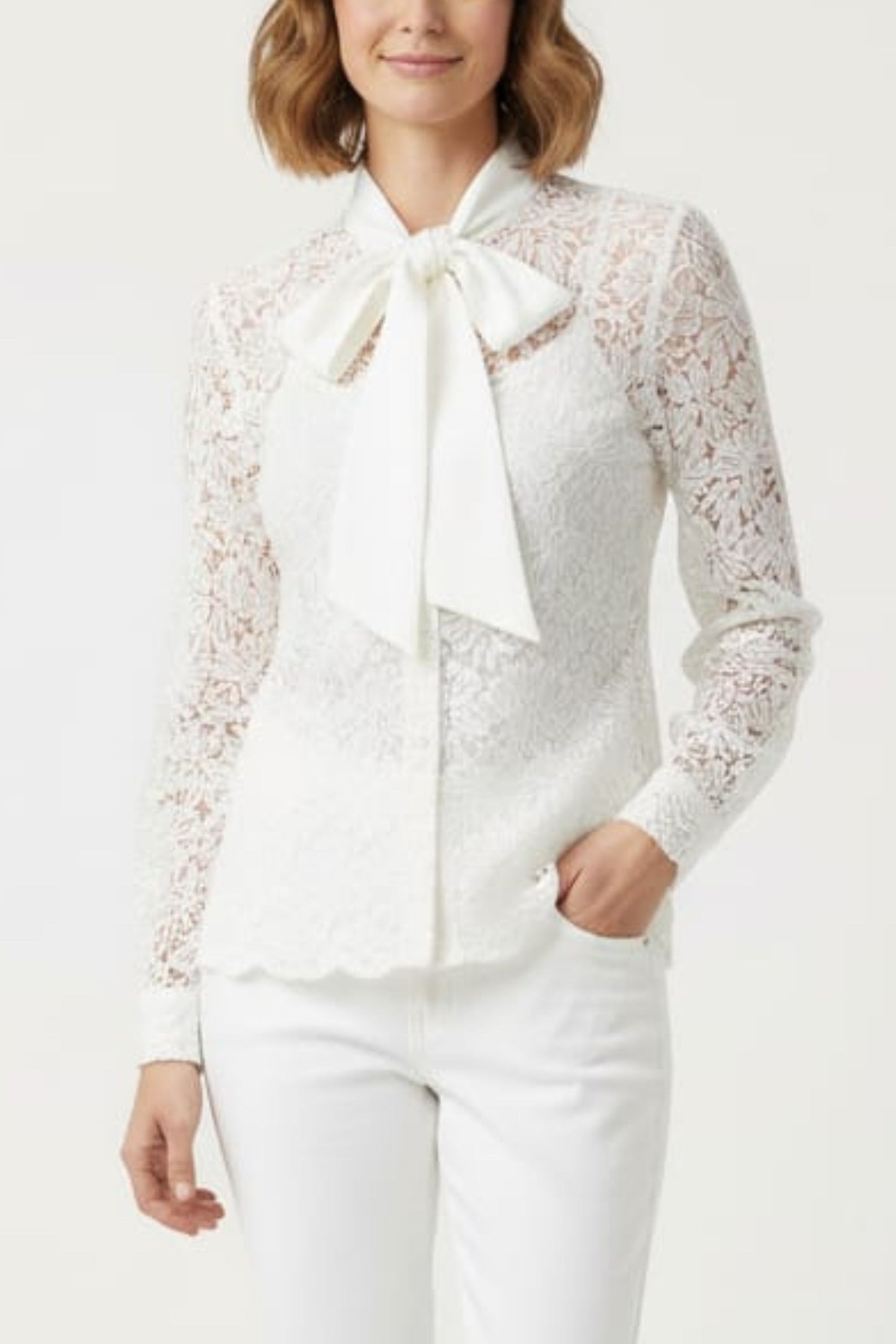Vivid Lace Embroidery Neck Tie Button Down Top