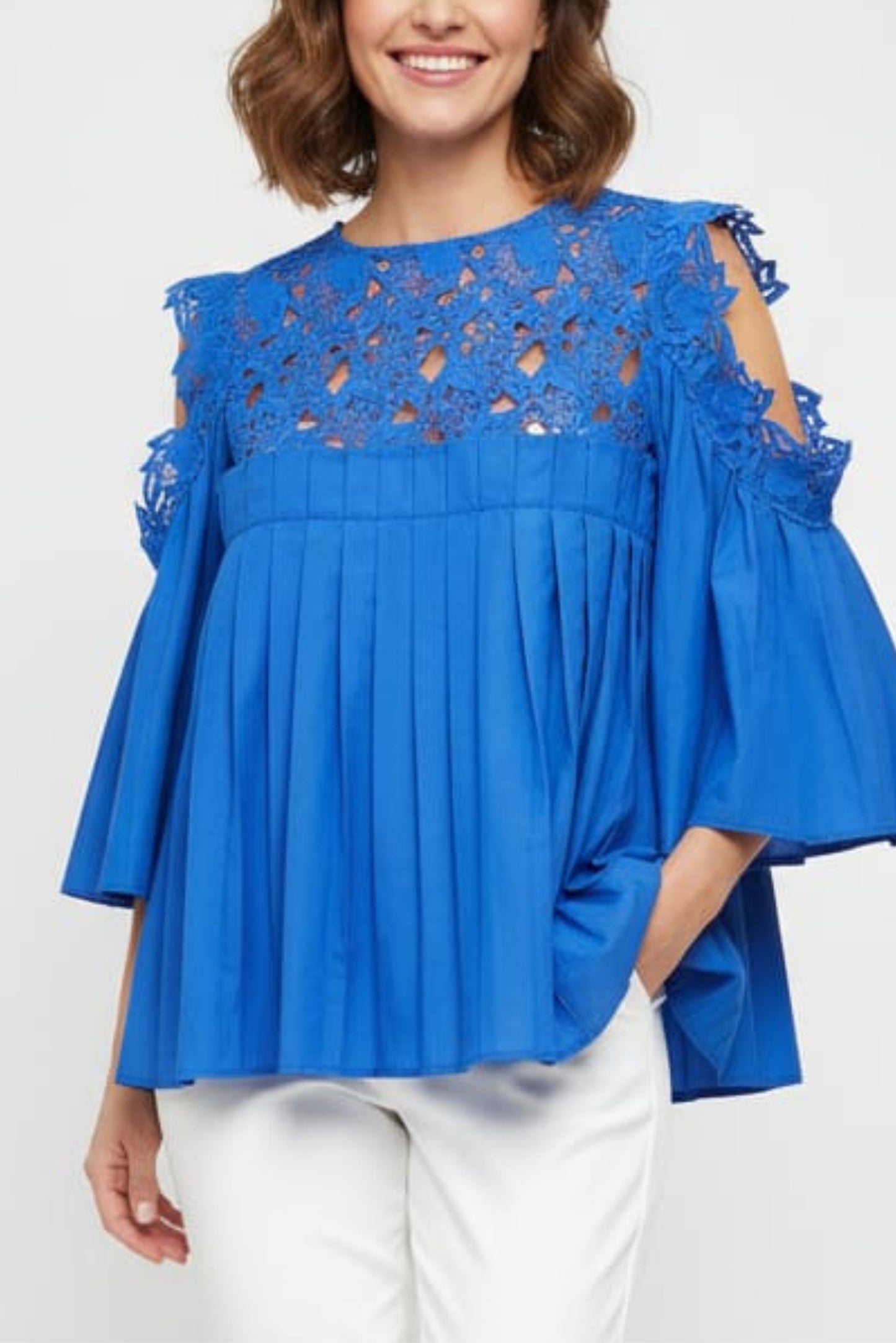 Vivid Cold Shouler Pleated Swing Top