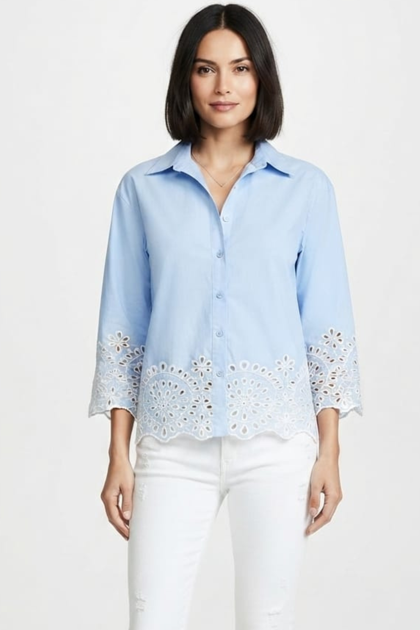 Vivid Eyelet Embroidered Scallop Button-Down Top