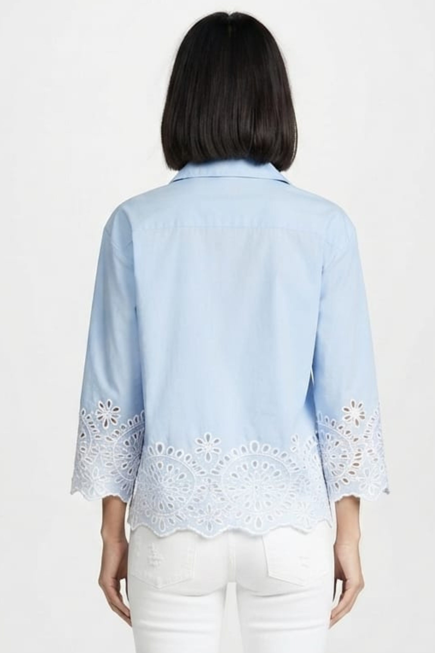 Vivid Eyelet Embroidered Scallop Button-Down Top