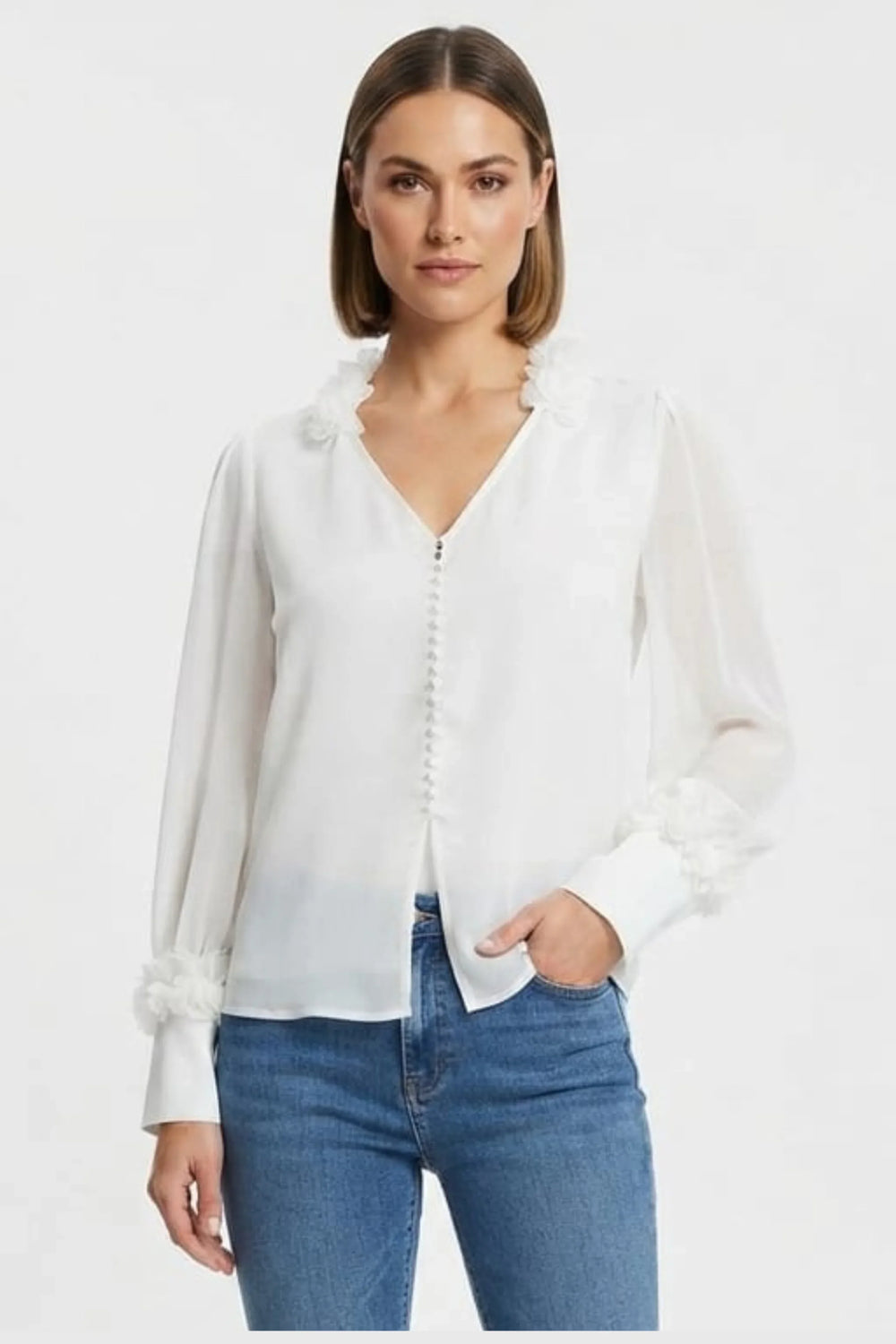 Vivid Ruffle-Trim V-Neck Button-Front Blouse