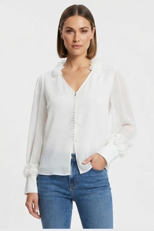 Vivid Ruffle-Trim V-Neck Button-Front Blouse