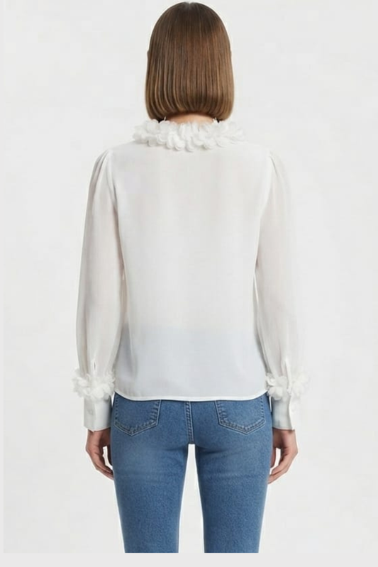 Vivid Ruffle-Trim V-Neck Button-Front Blouse