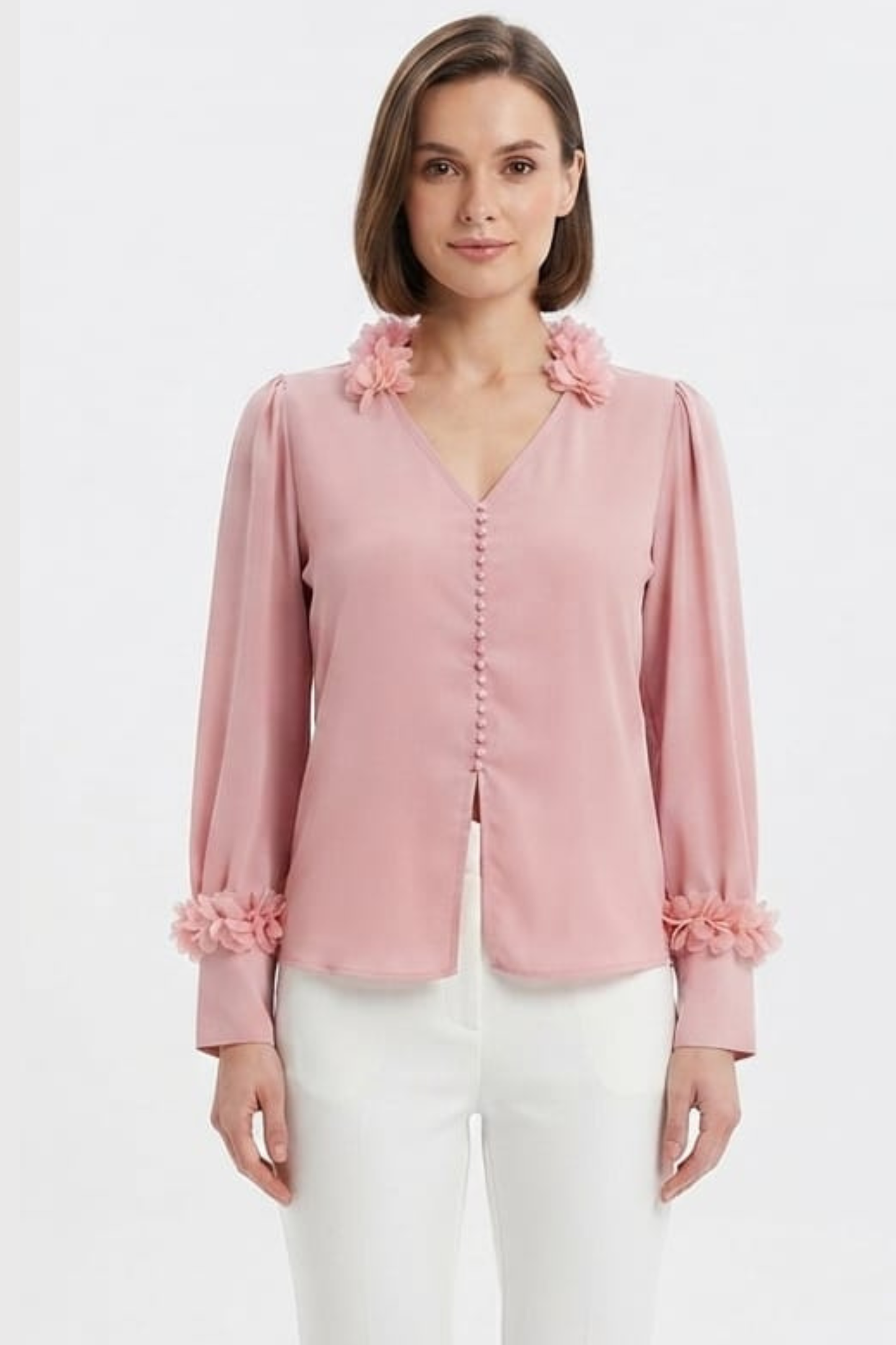 Vivid Ruffle-Trim V-Neck Button-Front Blouse