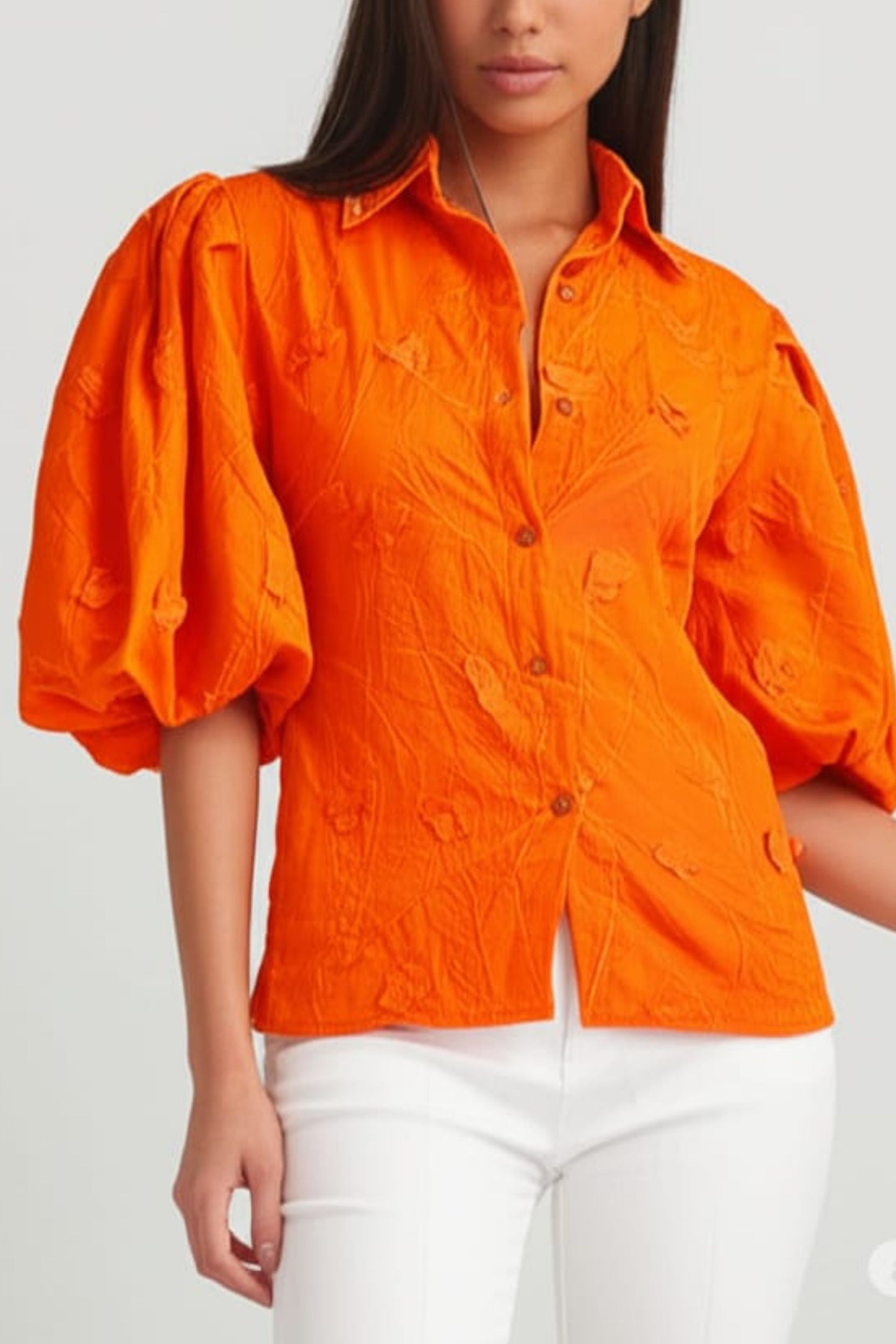 Vivid Short Puff Sleeve Button Down Top