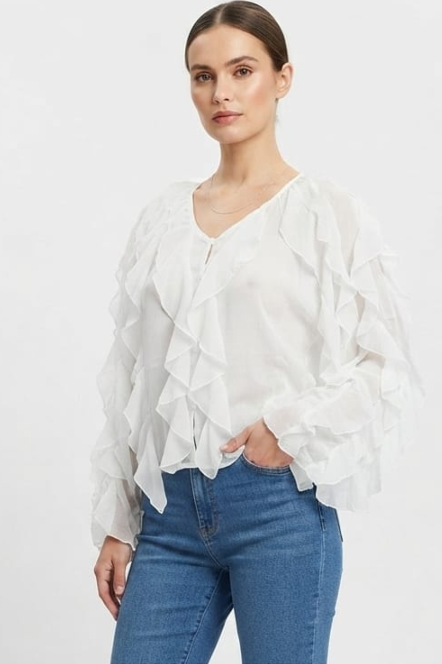 Vivid Ivory Cascading Ruffle Chiffon Blouse